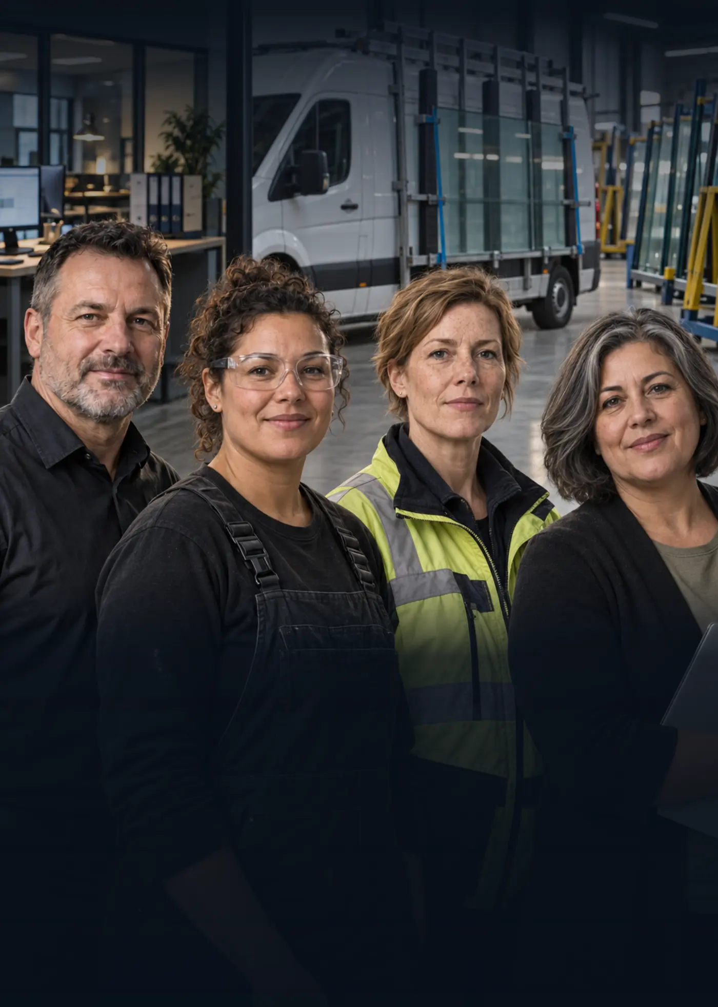 Il team di una vetreria davanti a un'officina e a un furgone da cantiere